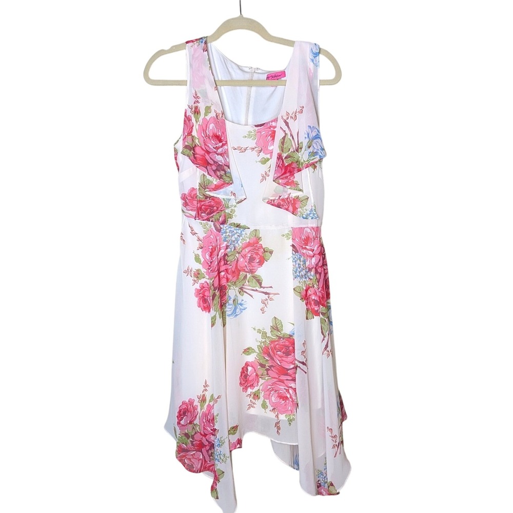 Betsey‎ Johnson Women's Size 8 Floral Dress White Pink Handkerchief Hem Cocktail
